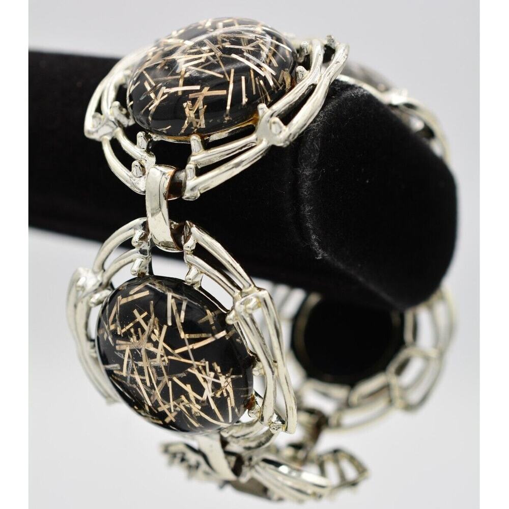 Tara Vintage Lucite Bracelet Chain Chunky Confetti Metallic Silver Signed Bin2